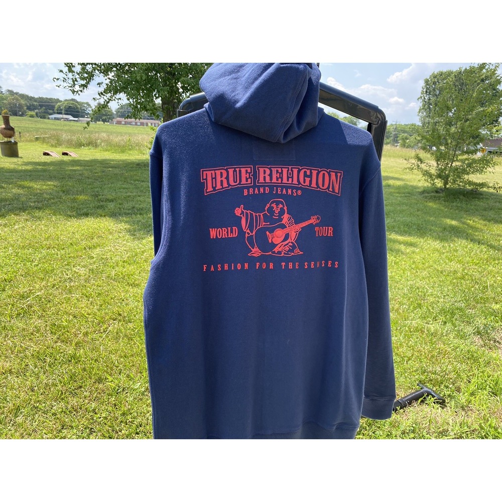 True Religion Mens Navy Blue Zip Up Hoodie Buddha‎ World Tour Graphic Size M